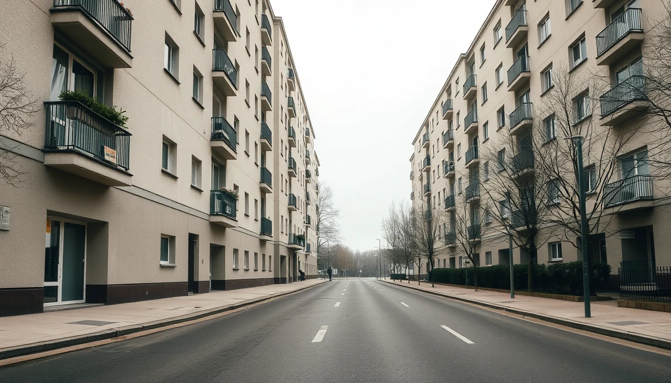 KI-Symbolbild: Eine leere Straße zwischen zwei mehrstöckigen Wohnblocks mit Balkonen und kahlen Bäumen an einem trüben Tag.