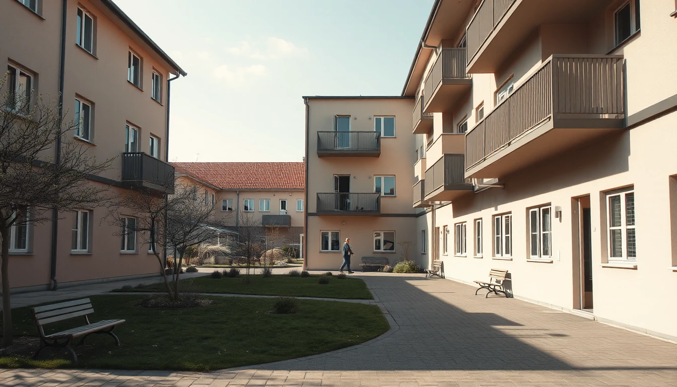 KI-Symbolbild: Ein frisch renoviertes Wohnhaus mit gleichen Balkonen und einem Gemeinschaftsgarten mit Bänken, in der Ferne geht eine Person.