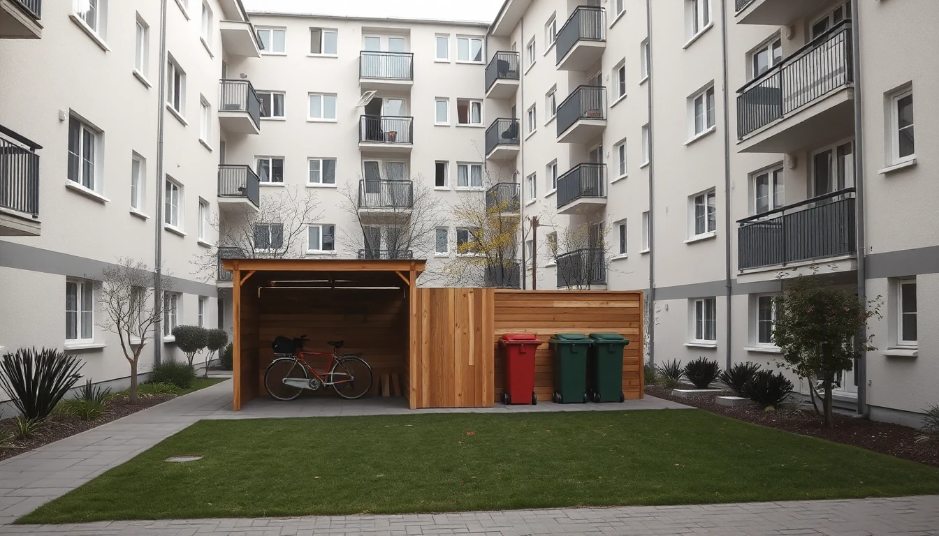 KI-Symbolbild: Ein gepflegter Innenhof einer Wohnanlage mit Fahrradunterstand, Mülltonnen in einem Holzverschlag und Rasenfläche.