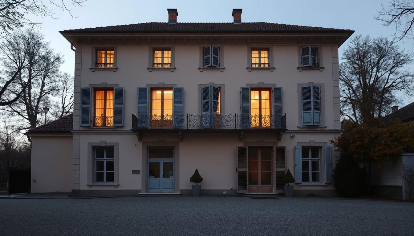 KI-Symbolbild: Eine alte Villa in der Abenddämmerung mit erleuchteten Fenstern im Obergeschoss und Fensterläden im ruhigen Erdgeschoss.