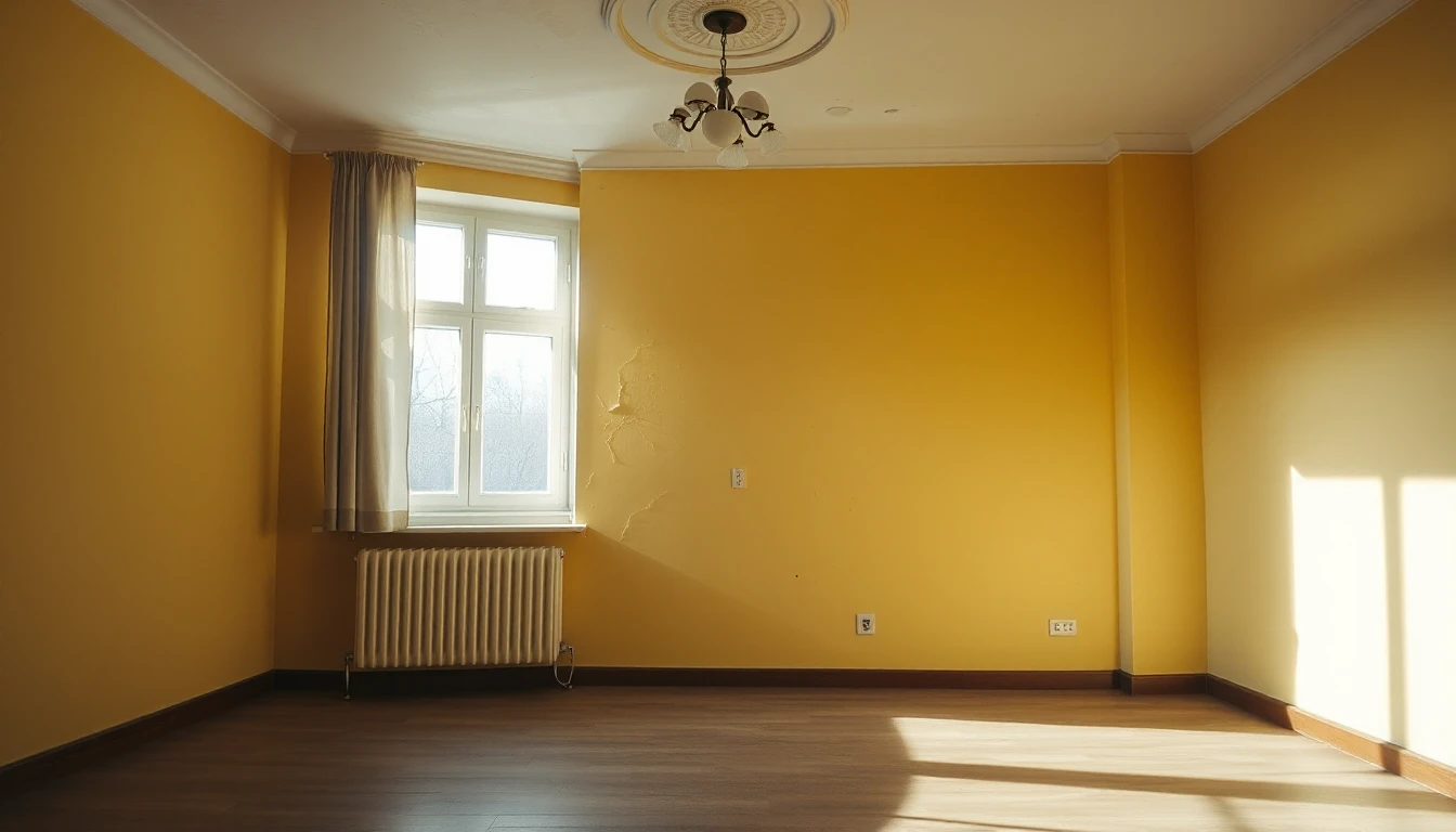 KI-Symbolbild: Ein leeres Zimmer mit vergilbten Wänden, einzelnen Putzschäden und Deckenleuchte im Tageslicht.