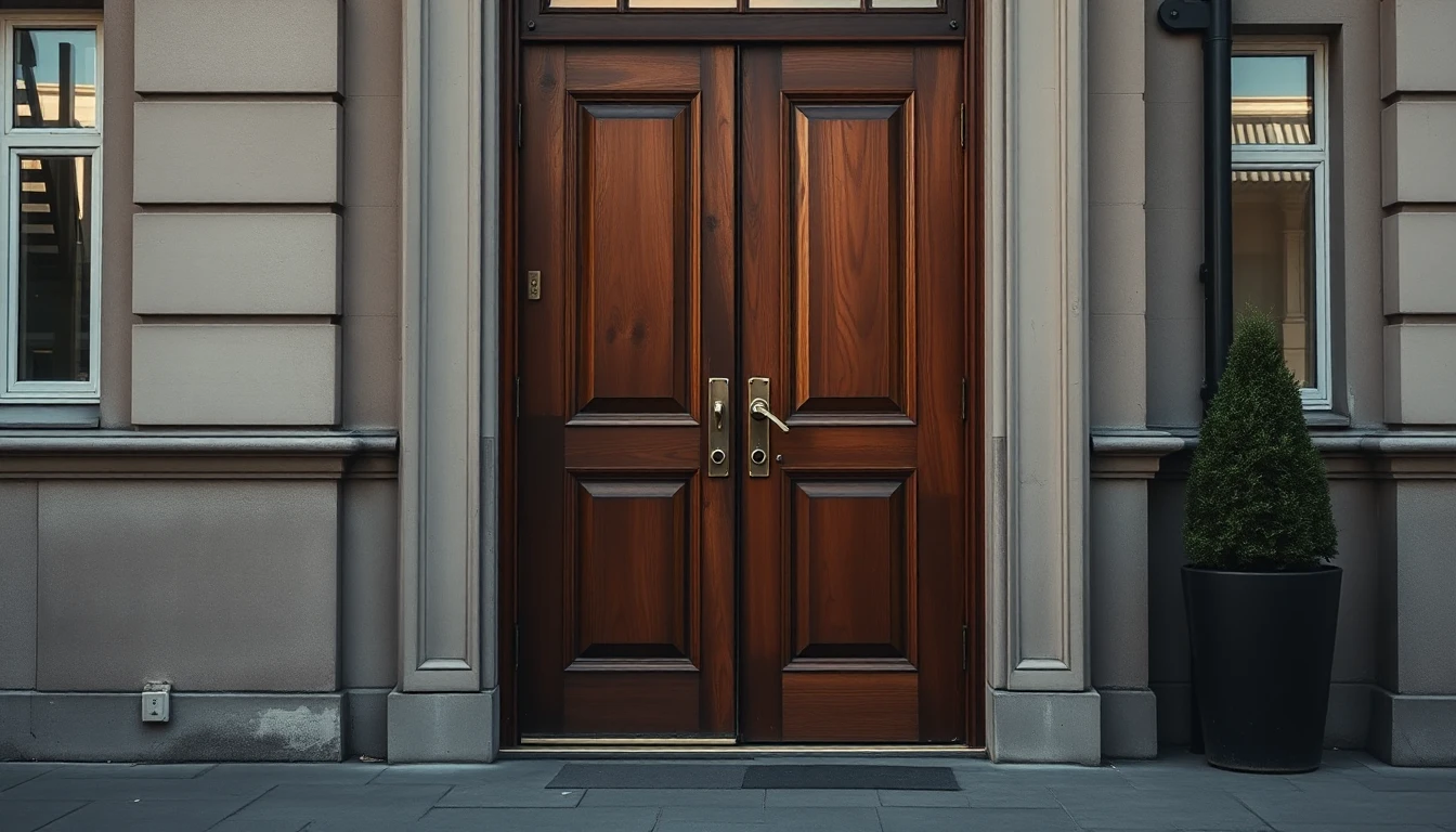 KI-Symbolbild: Zweiflügelige Holzhaustür eines Altbaus mit Messingbeschlägen, daneben ein Formgehölz im Kübel.