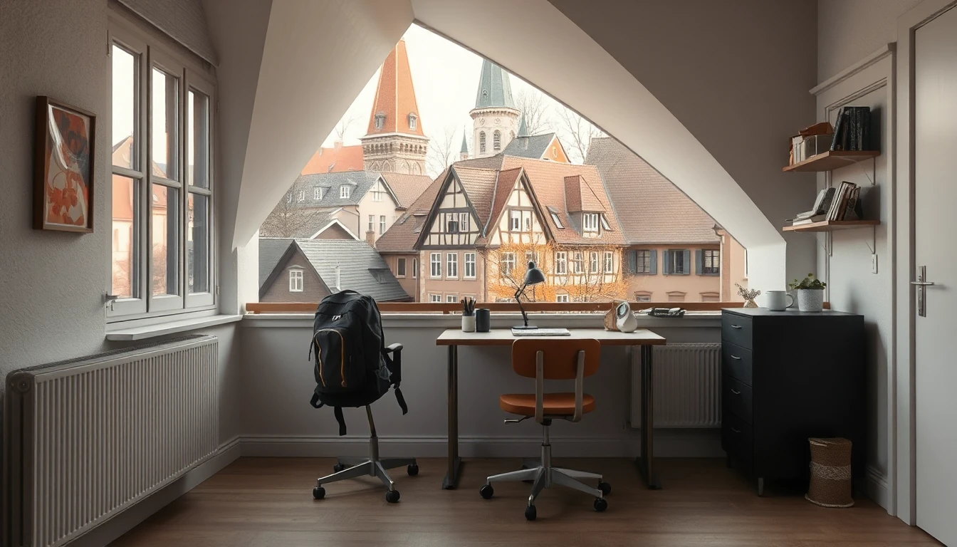 KI-Symbolbild: Studentenzimmer unter der Dachschräge mit Schreibtisch und Rucksack auf dem Stuhl, durch das Fenster eine Altstadt mit Fachwerkhäusern.