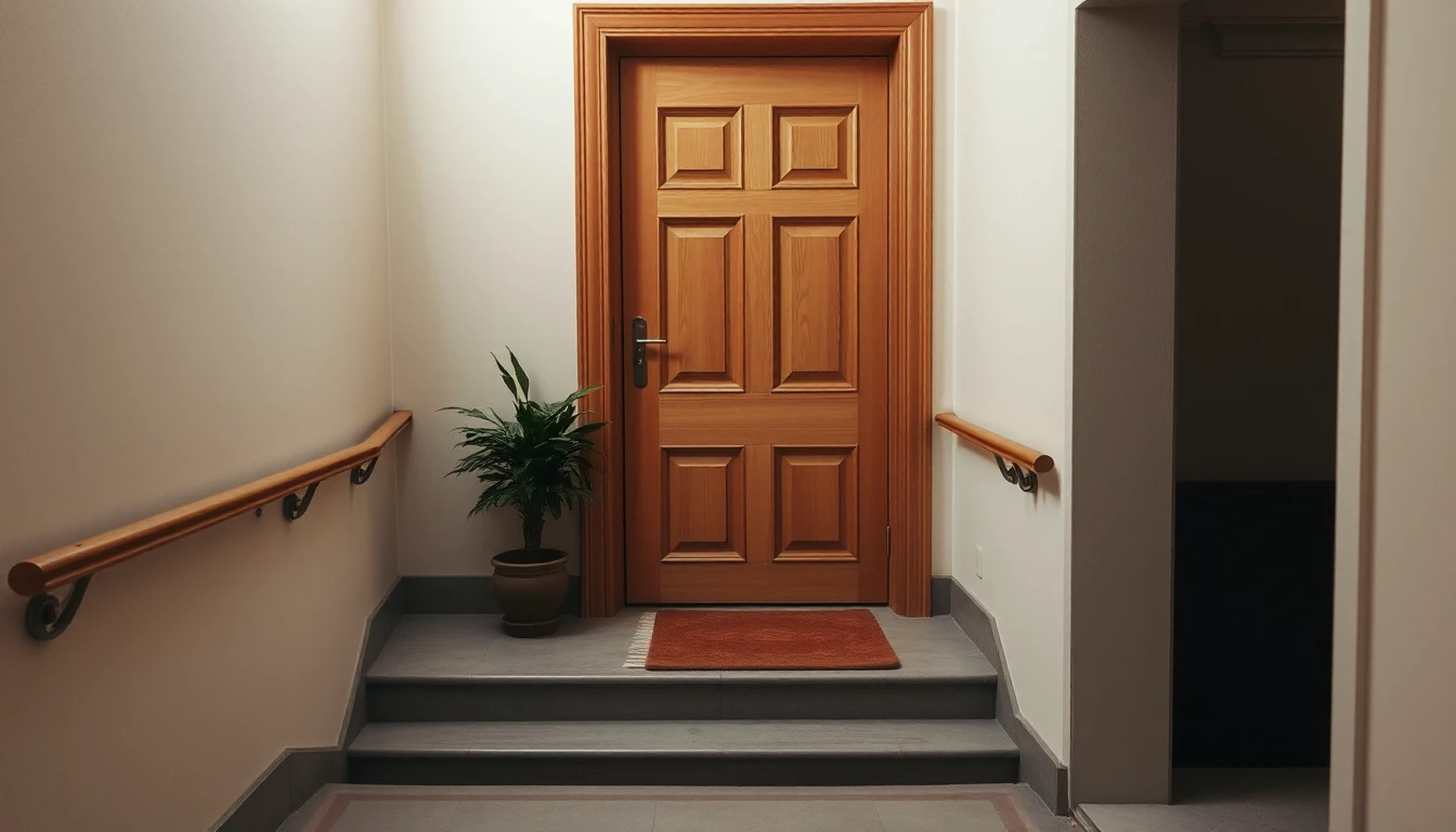 KI-Symbolbild: Geschlossene Holzwohnungstür mit Fußmatte und Zimmerpflanze auf einem Treppenabsatz im Altbau.