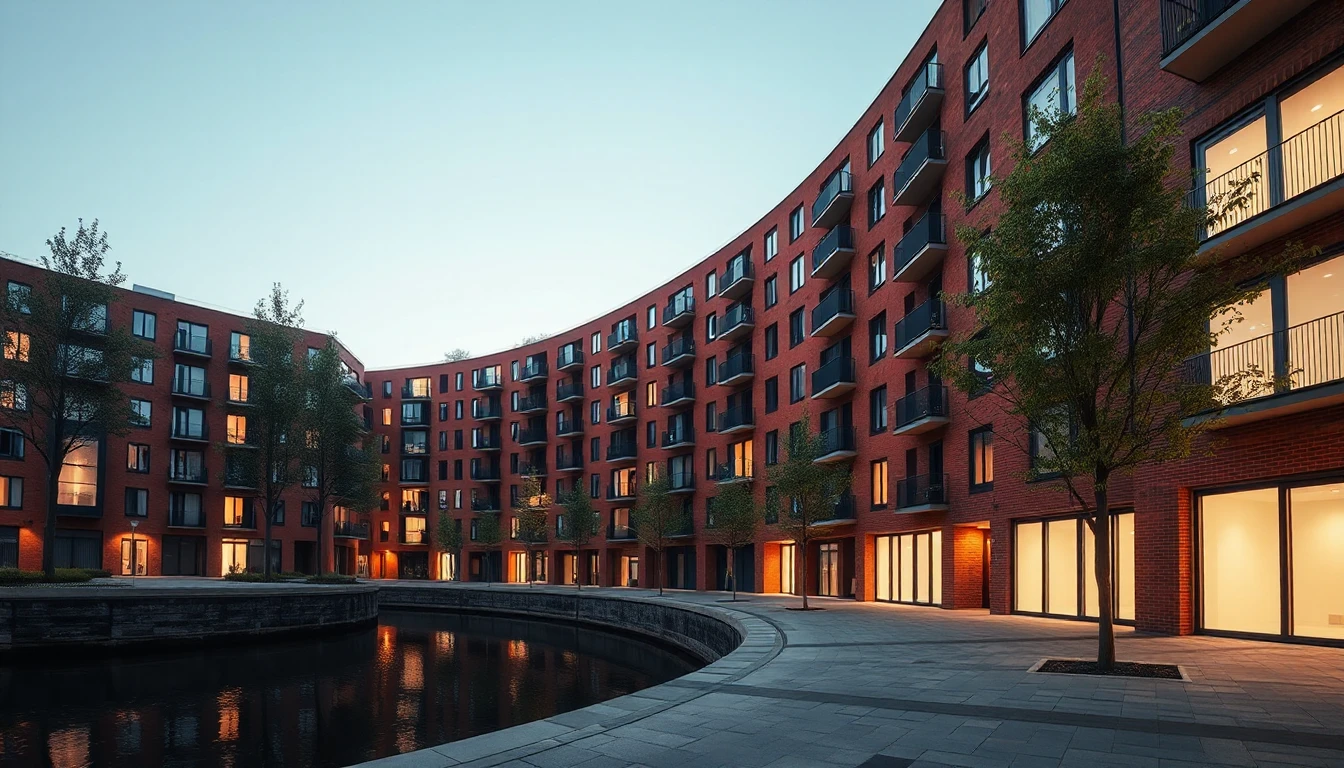 KI-Symbolbild: Neue Wohnanlage aus rotem Klinker mit Balkonen an einem Kanal, in der Abenddämmerung brennt Licht in den Fenstern.