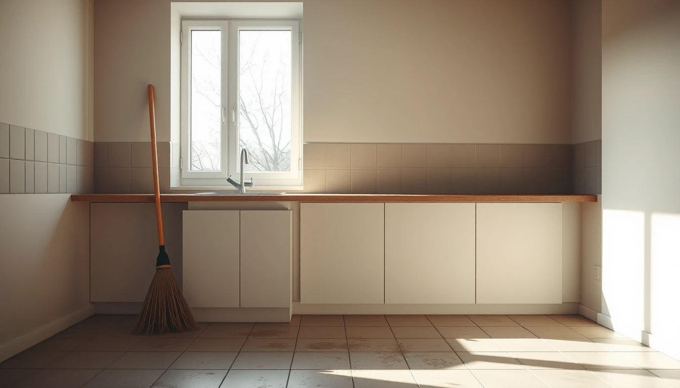 KI-Symbolbild: Leere Mietwohnungsküche mit Besen an der Wand, leichten Staubspuren auf dem Fliesenboden und Sonne durch das Fenster.