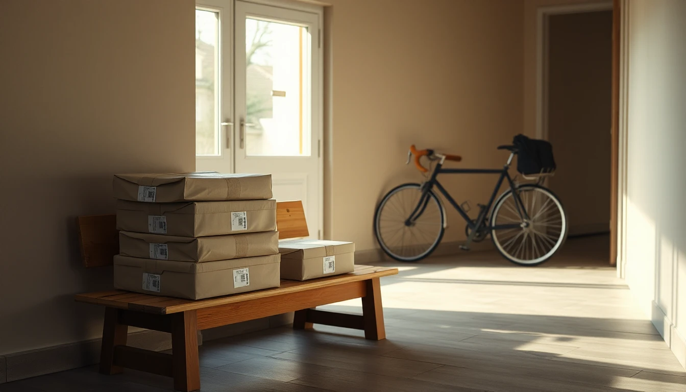 KI-Symbolbild: Gestapelte braune Pakete auf einer Holzbank im Hauseingang, dahinter ein Fahrrad und Licht durch die Glastür.