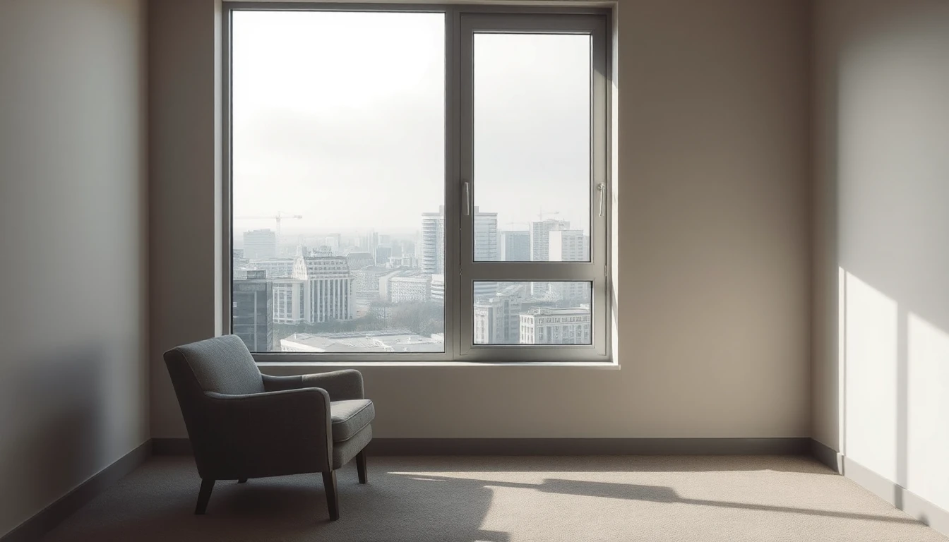 KI-Symbolbild: Spärlich möblierte Hochhauswohnung mit einem einzelnen Sessel vor einem Fenster über eine graue Stadtlandschaft.