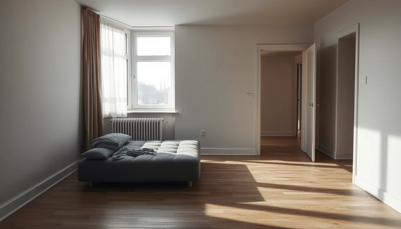 KI-Symbolbild: Weitgehend leere Wohnung mit einer zurückgelassenen Liegefläche samt Decke, Holzdielen und offener Tür zum Flur.
