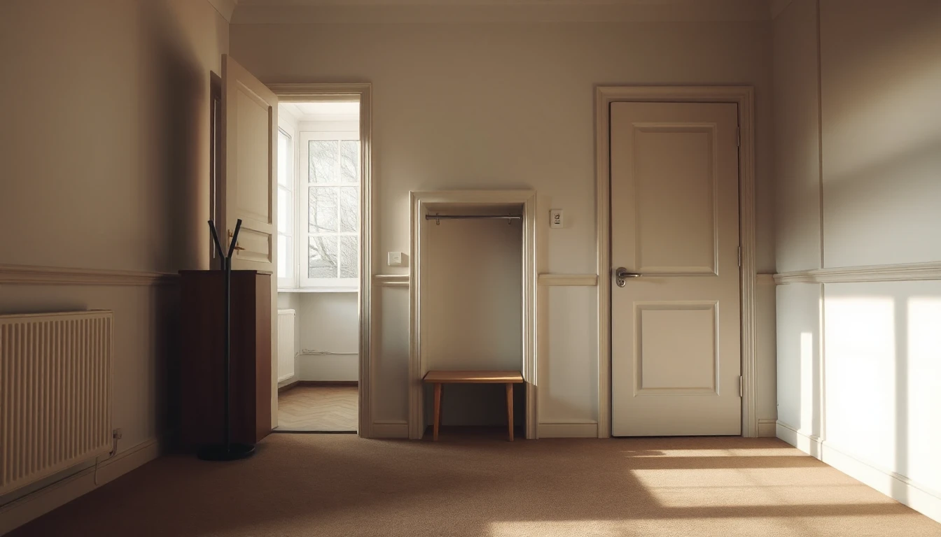 KI-Symbolbild: Weitgehend geräumter Wohnungsflur mit leerem Garderobenständer, kleiner Bank in einer Nische und offener Tür.