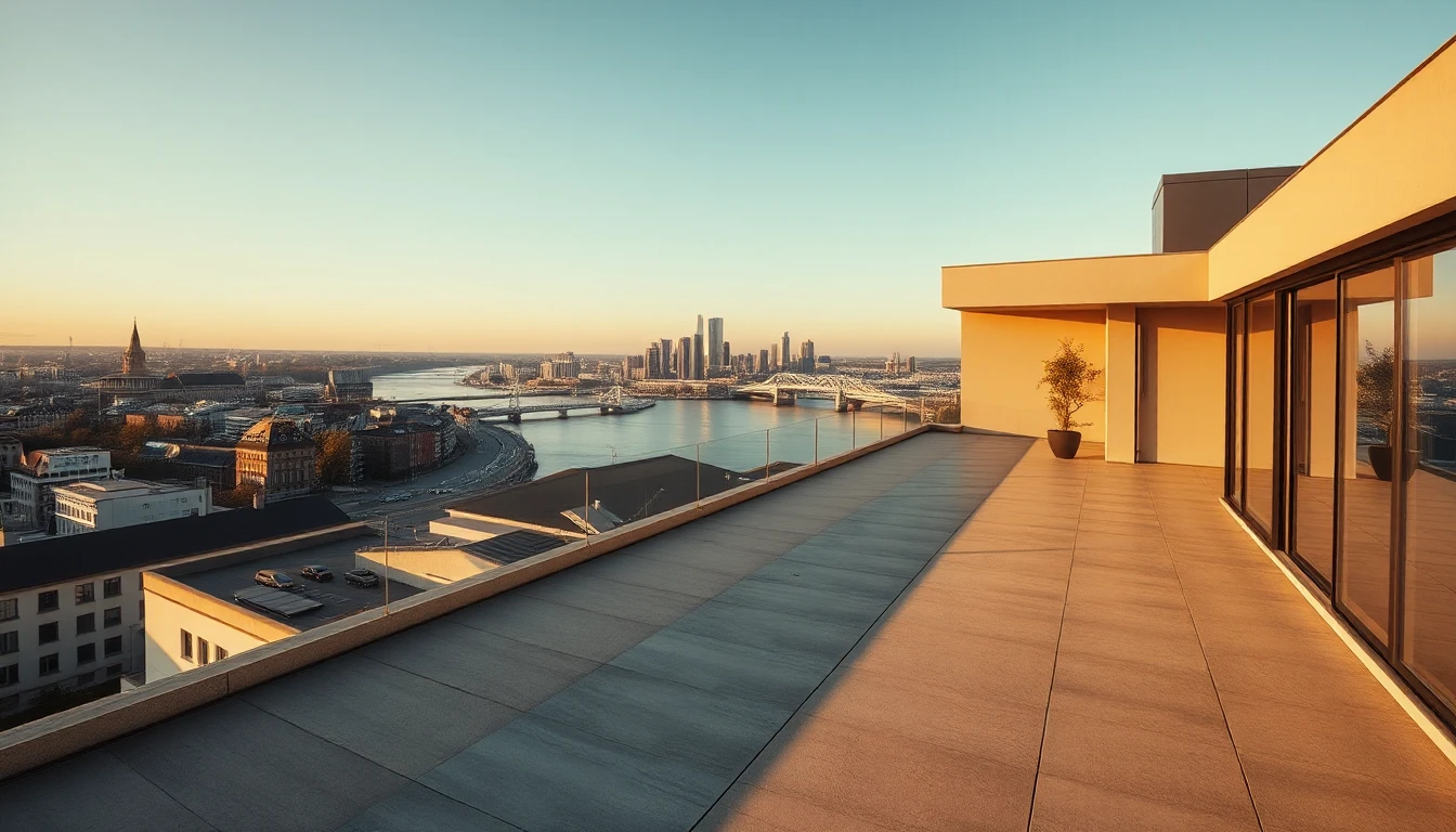 KI-Symbolbild: Weite Dachterrasse einer Penthouse-Wohnung mit Blick über einen Fluss und eine Hochhaus-Skyline im goldenen Abendlicht.
