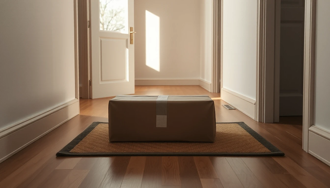 KI-Symbolbild: Schlichtes braunes Paket auf einer Fußmatte im leeren Flur einer Wohnung mit Holzboden und Morgensonne.