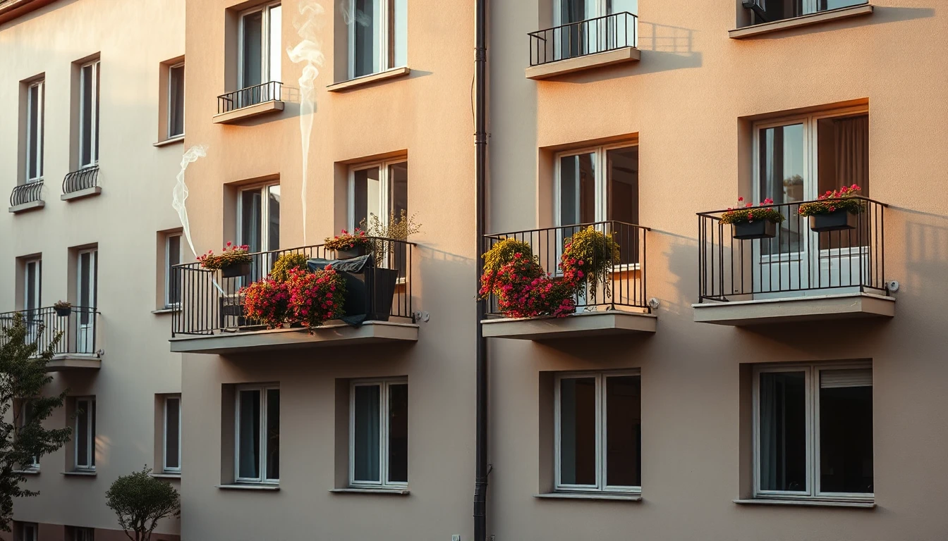 KI-Symbolbild: Nebeneinanderliegende Balkone eines Mietshauses mit Blumen, von einem Balkon steigt eine dünne Rauchfahne auf.