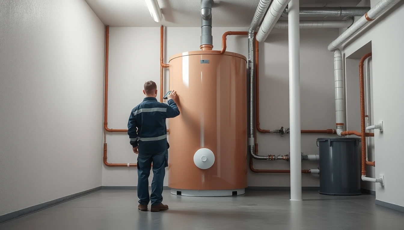 KI-Symbolbild: Techniker von hinten gesehen an einem großen Warmwasserspeicher mit Rohrleitungen in einem hellen Technikraum.