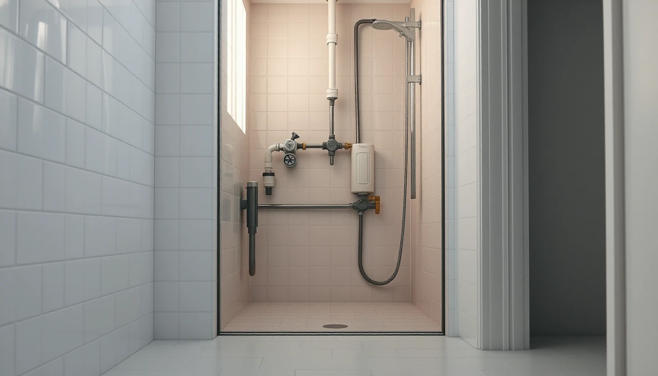 KI-Symbolbild: Offen liegende Wasserleitungen mit Absperrventilen in einem weiß und rosa gefliesten Badbereich.