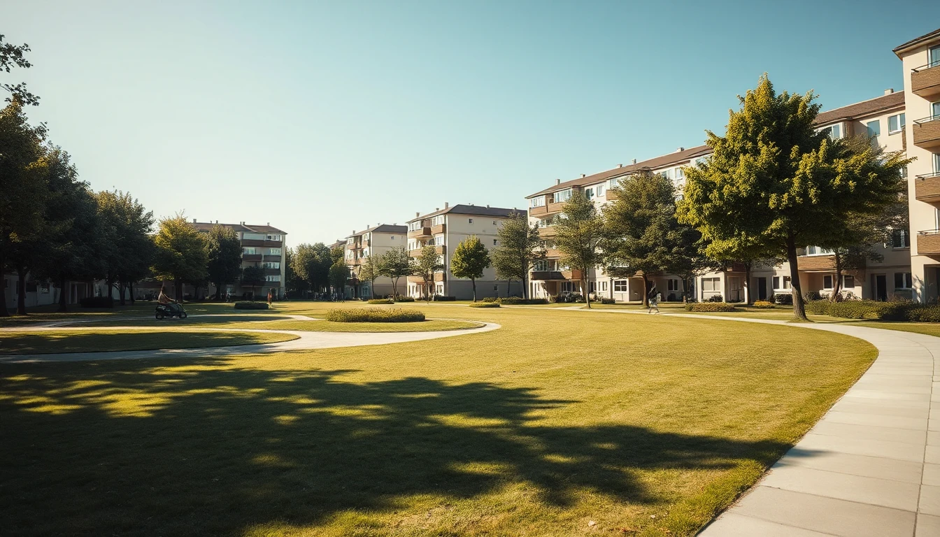 KI-Symbolbild: Offener Wohnpark mit Wohnhäusern, großen Rasenflächen und Fußwegen, in der Ferne mäht ein Gärtner.
