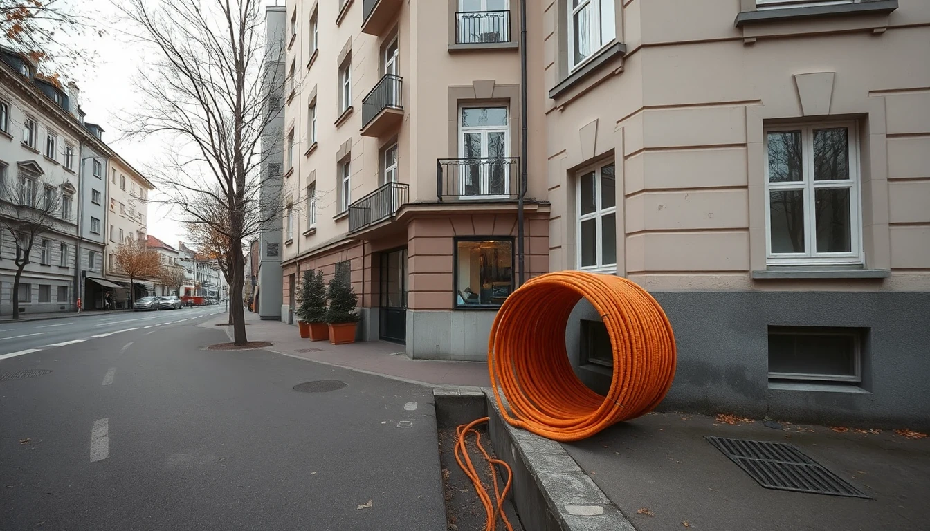 KI-Symbolbild: Große orange Kabelrolle neben einem schmalen Graben am Gehweg vor einem Gründerzeit-Mietshaus.