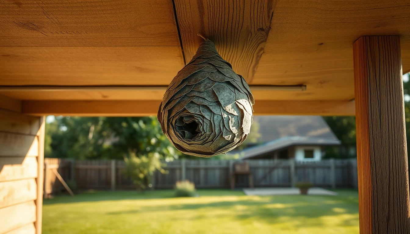 KI-Symbolbild: Ein graues, geschichtetes Insektennest hängt unter einem Holzdach, dahinter ein sonniger Garten mit Zaun.