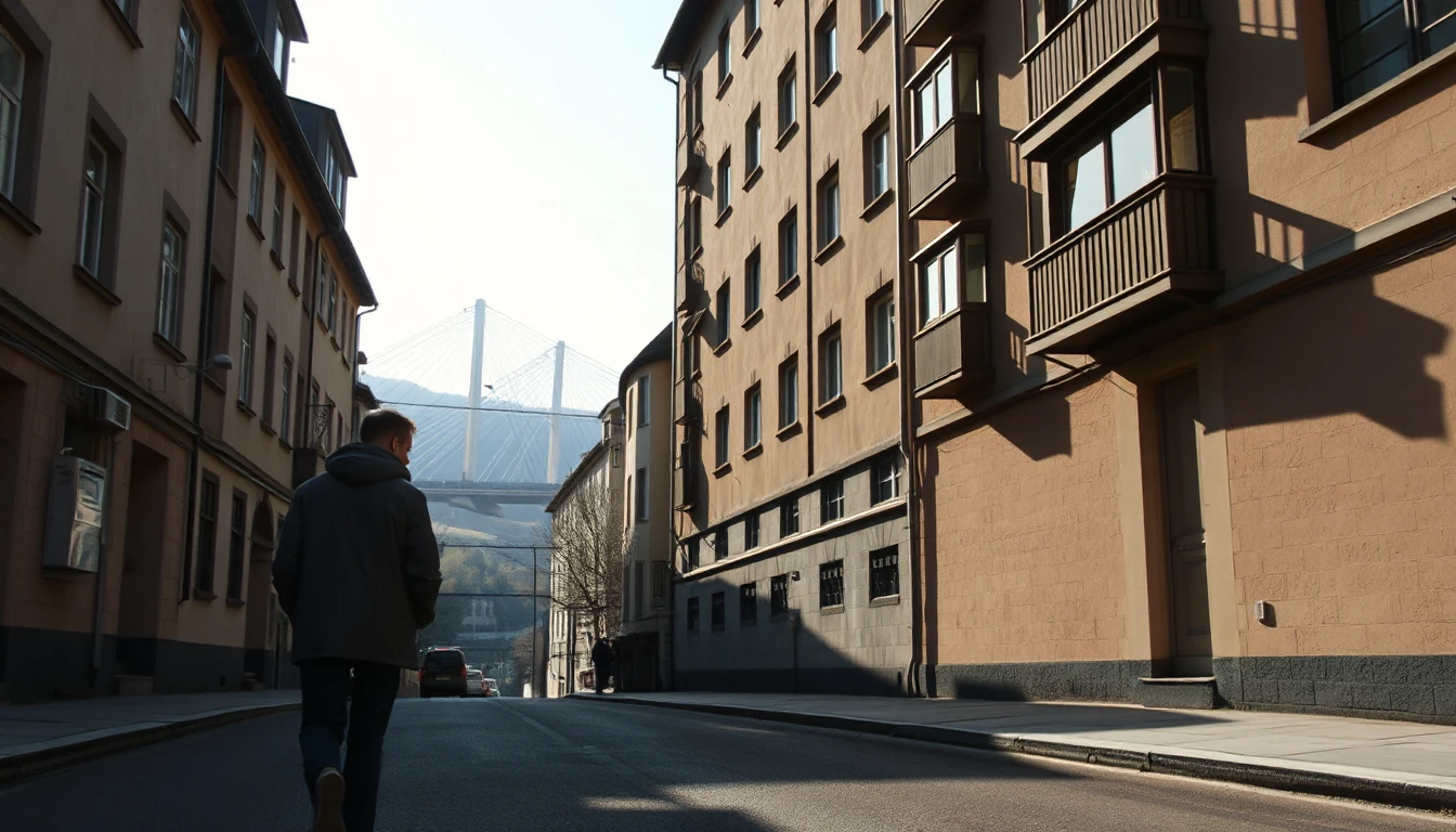 KI-Symbolbild: Eine Person geht von hinten gesehen eine steile Straße zwischen älteren Mietshäusern entlang, in der Ferne eine Brücke.