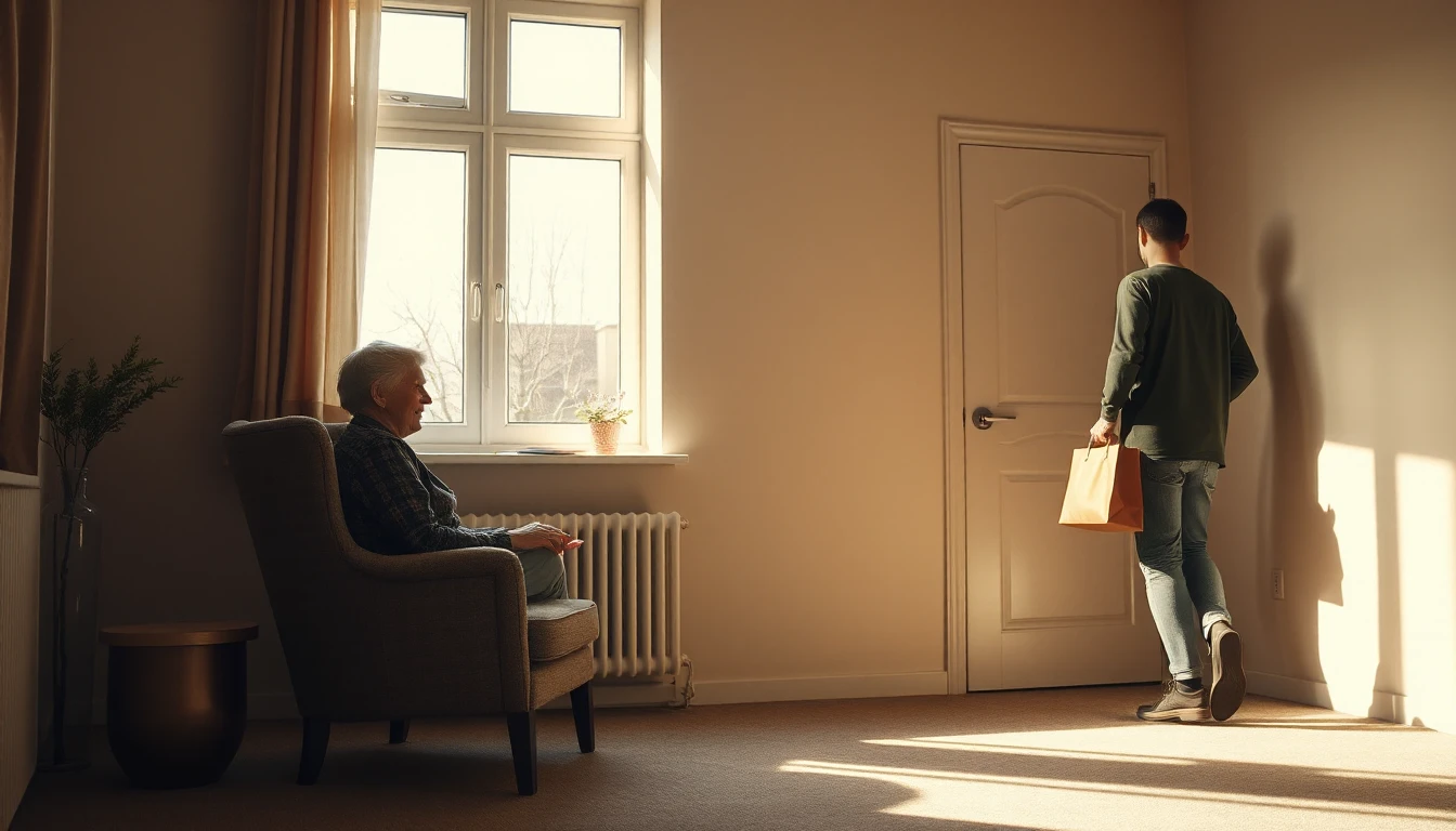 KI-Symbolbild: Altbauzimmer mit einer älteren Person im Sessel am Fenster, eine jüngere Person trägt von hinten gesehen eine Tüte herein.