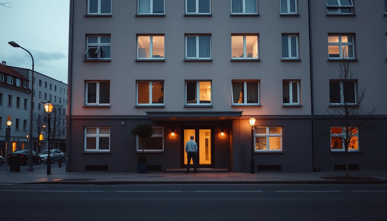 KI-Symbolbild: Eine Person steht von hinten gesehen vor dem beleuchteten Eingang eines Mietshauses in der Abenddämmerung.