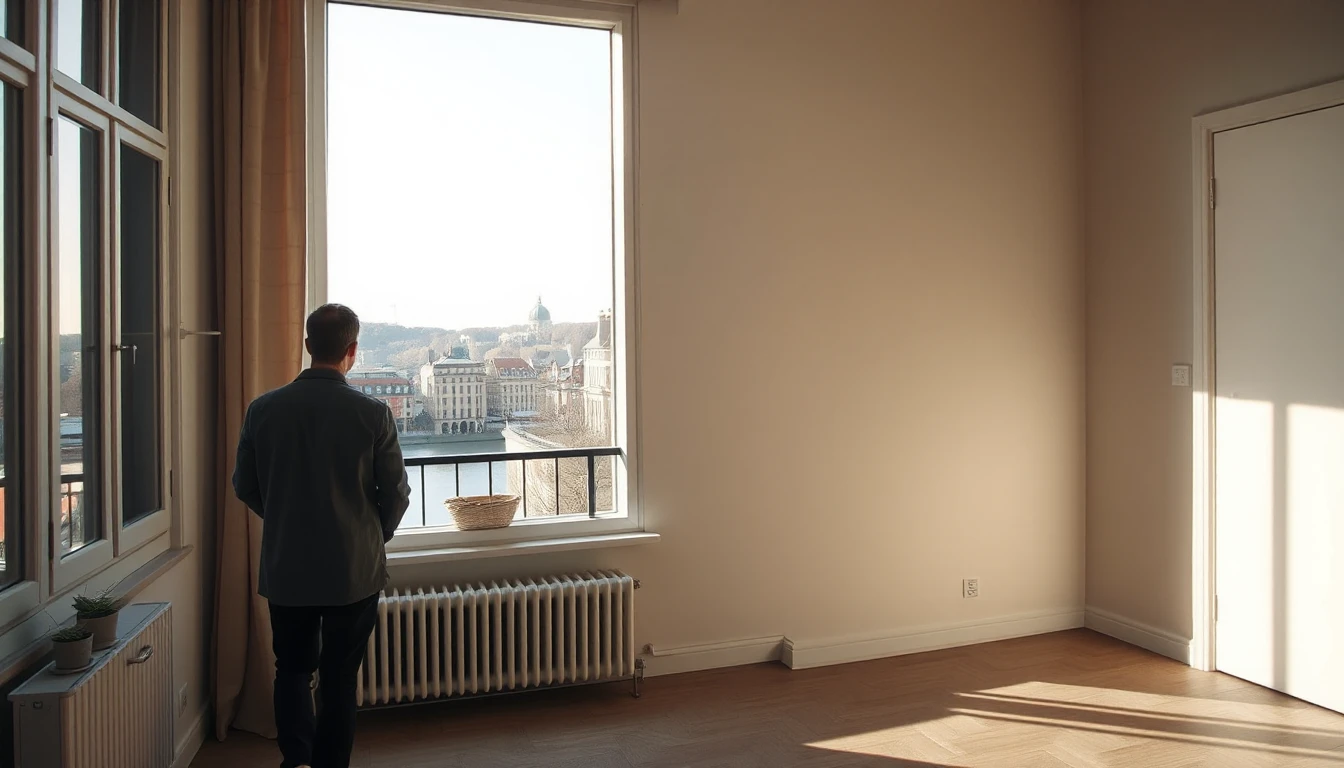 KI-Symbolbild: Ein Mann steht von hinten gesehen in einer hellen Altbauwohnung am Fenster mit Balkongitter und blickt auf einen Fluss und die Altstadt.