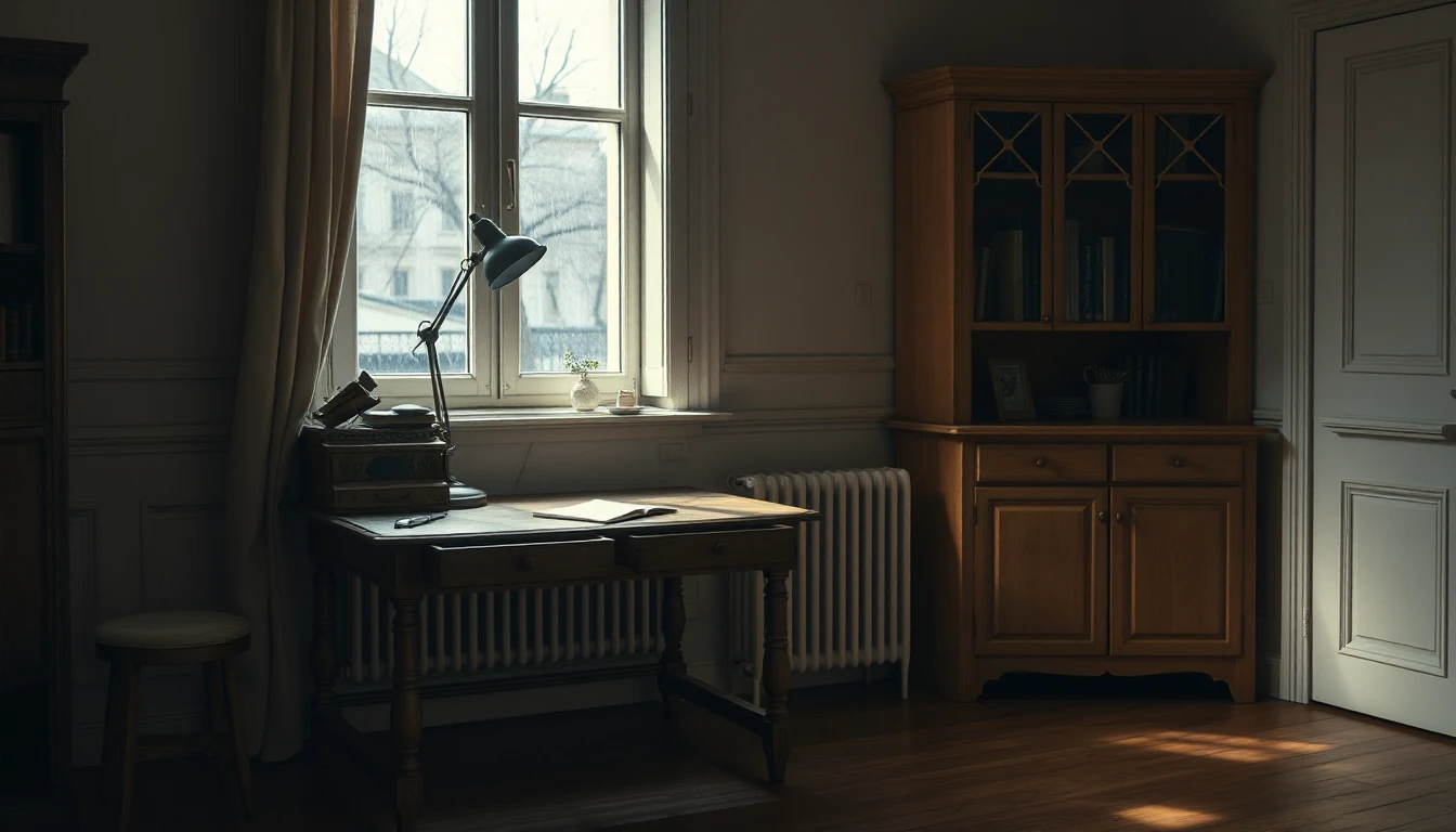 KI-Symbolbild: Ein alter Holzschreibtisch mit Lampe vor einem Fenster in einer dämmrigen Altbauwohnung, daneben ein Holzschrank.