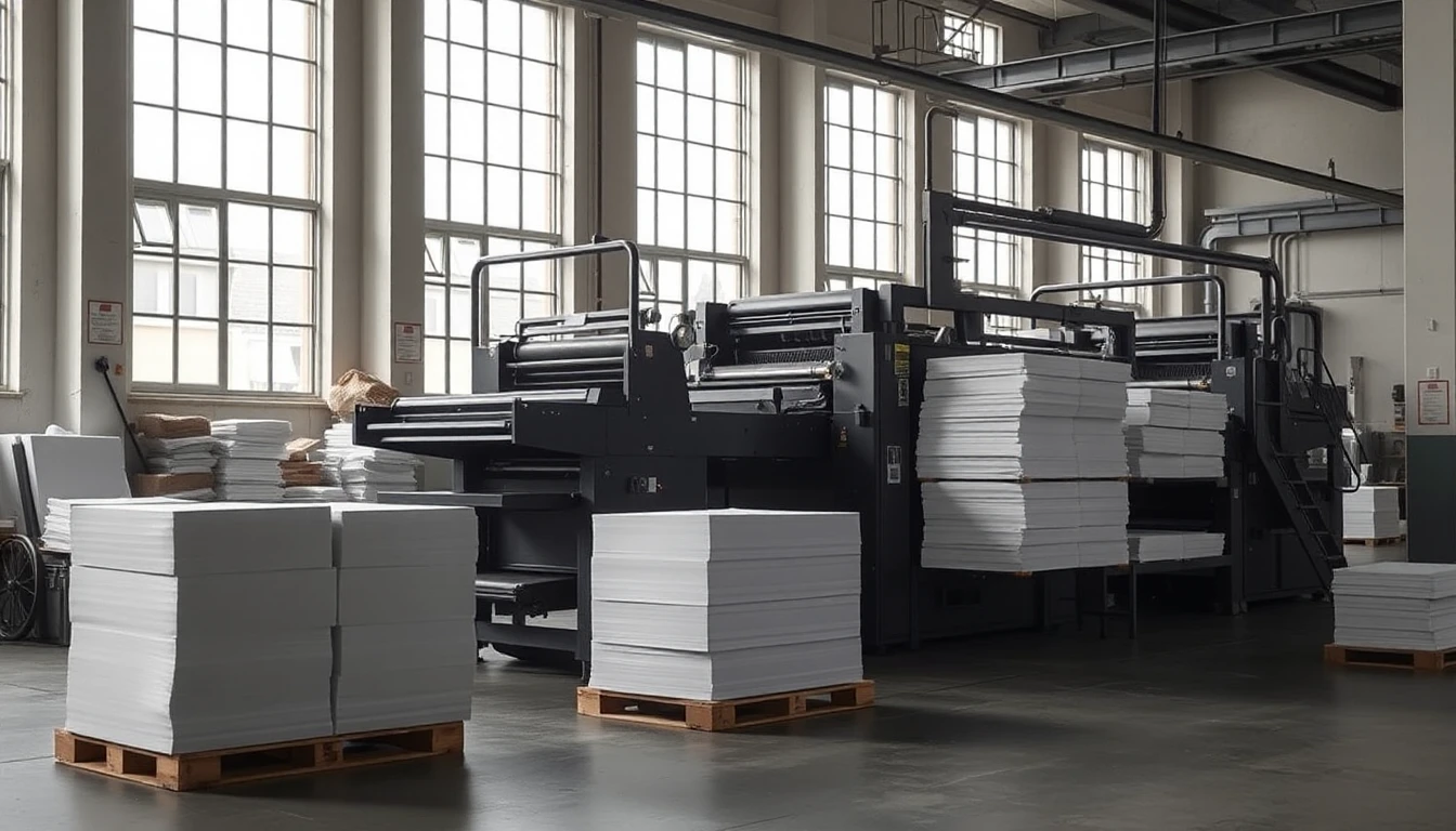 KI-Symbolbild: Eine große Offsetdruckmaschine in einer hellen Druckerei mit Stapeln weißen Papiers auf Holzpaletten.