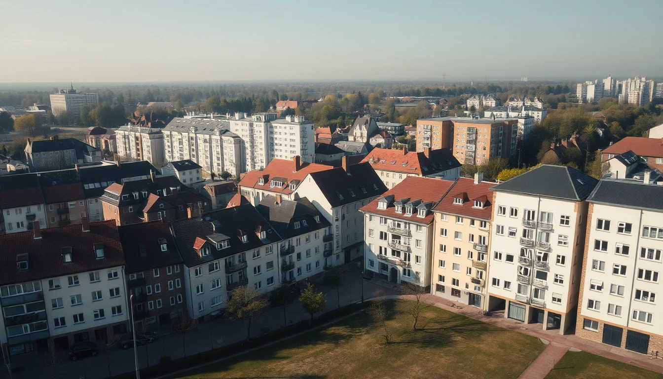 KI-Symbolbild: Luftaufnahme eines gemischten Wohnviertels mit Altbauten, Nachkriegsblöcken und neueren Wohnhäusern im Morgenlicht.