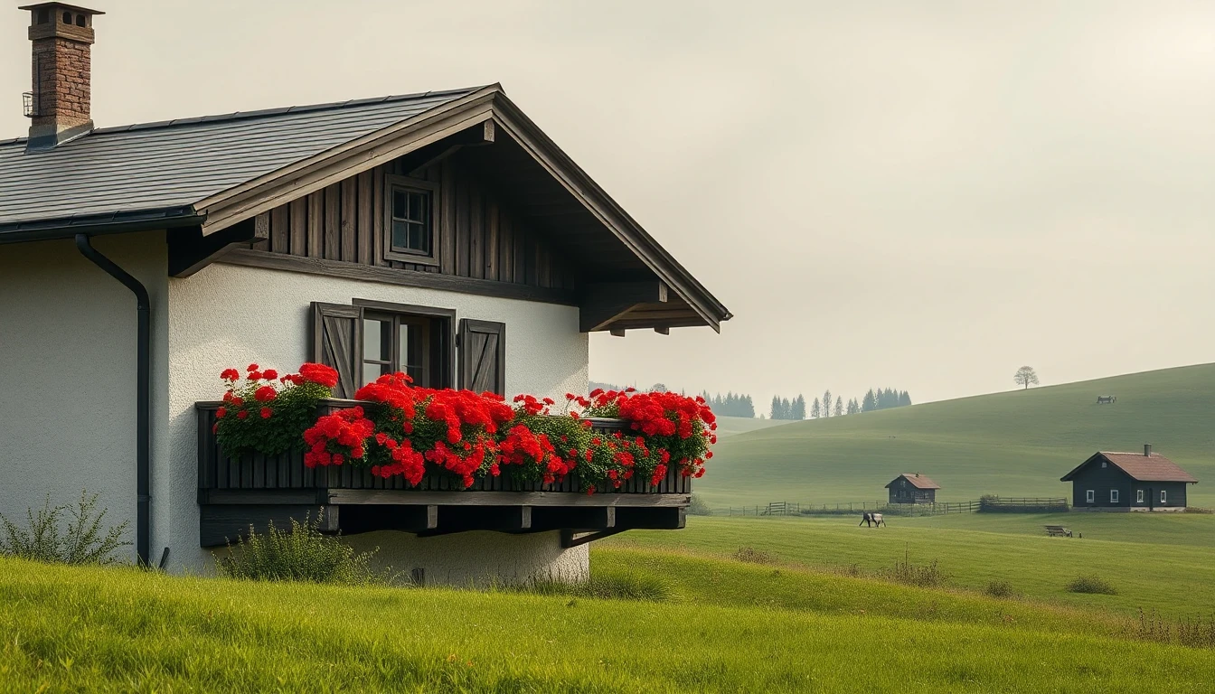 KI-Symbolbild: Ein Bauernhaus mit Holzgiebel und einem Balkon voller roter Geranien, umgeben von grünen Wiesen.