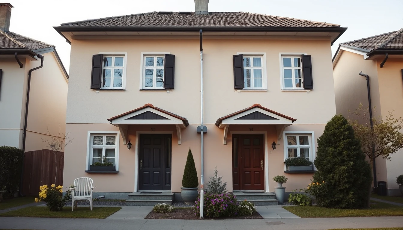 KI-Symbolbild: Ein symmetrisches Doppelhaus mit zwei nebeneinanderliegenden Haustüren und einem gemeinsamen Vorgarten.
