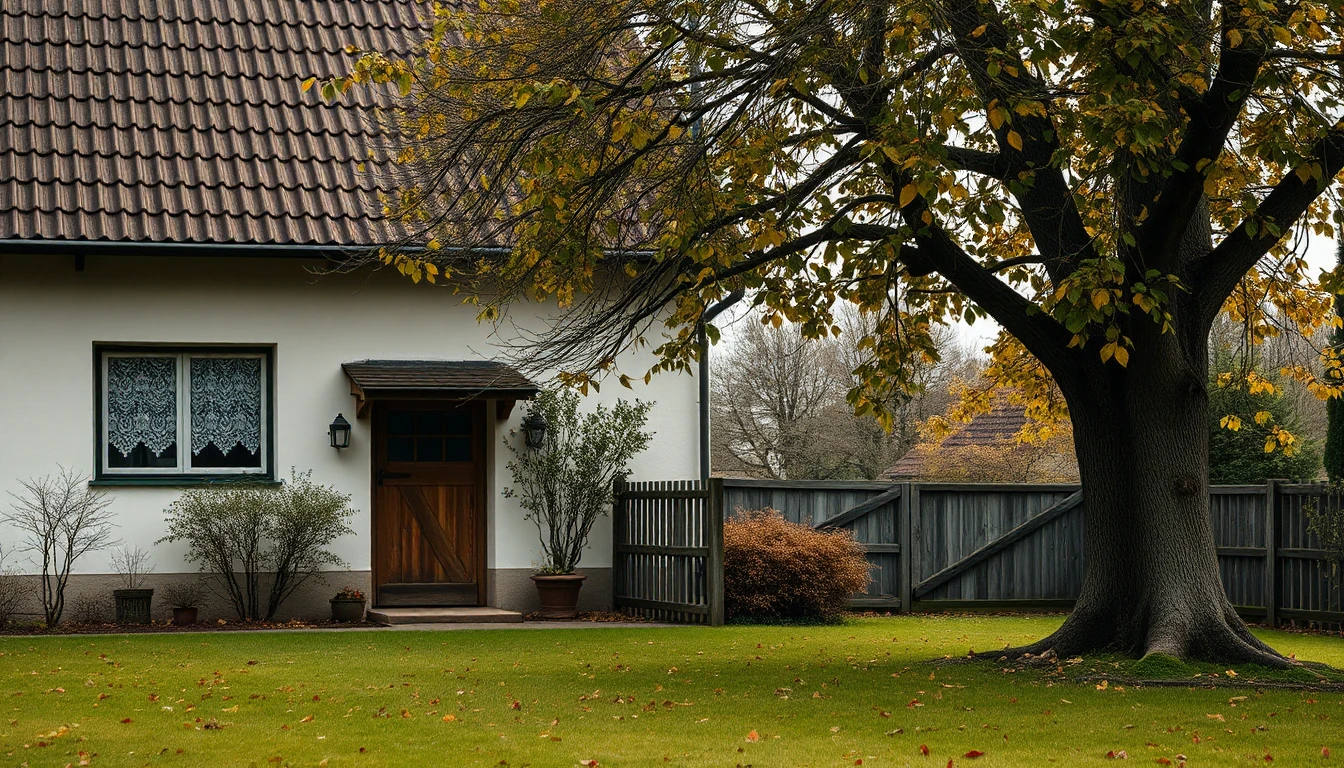 KI-Symbolbild: Ein älteres Einfamilienhaus mit Spitzenvorhängen, Holztür und Holzzaun, daneben ein großer Baum mit Herbstlaub über einer Wiese mit gefallenen Blättern.
