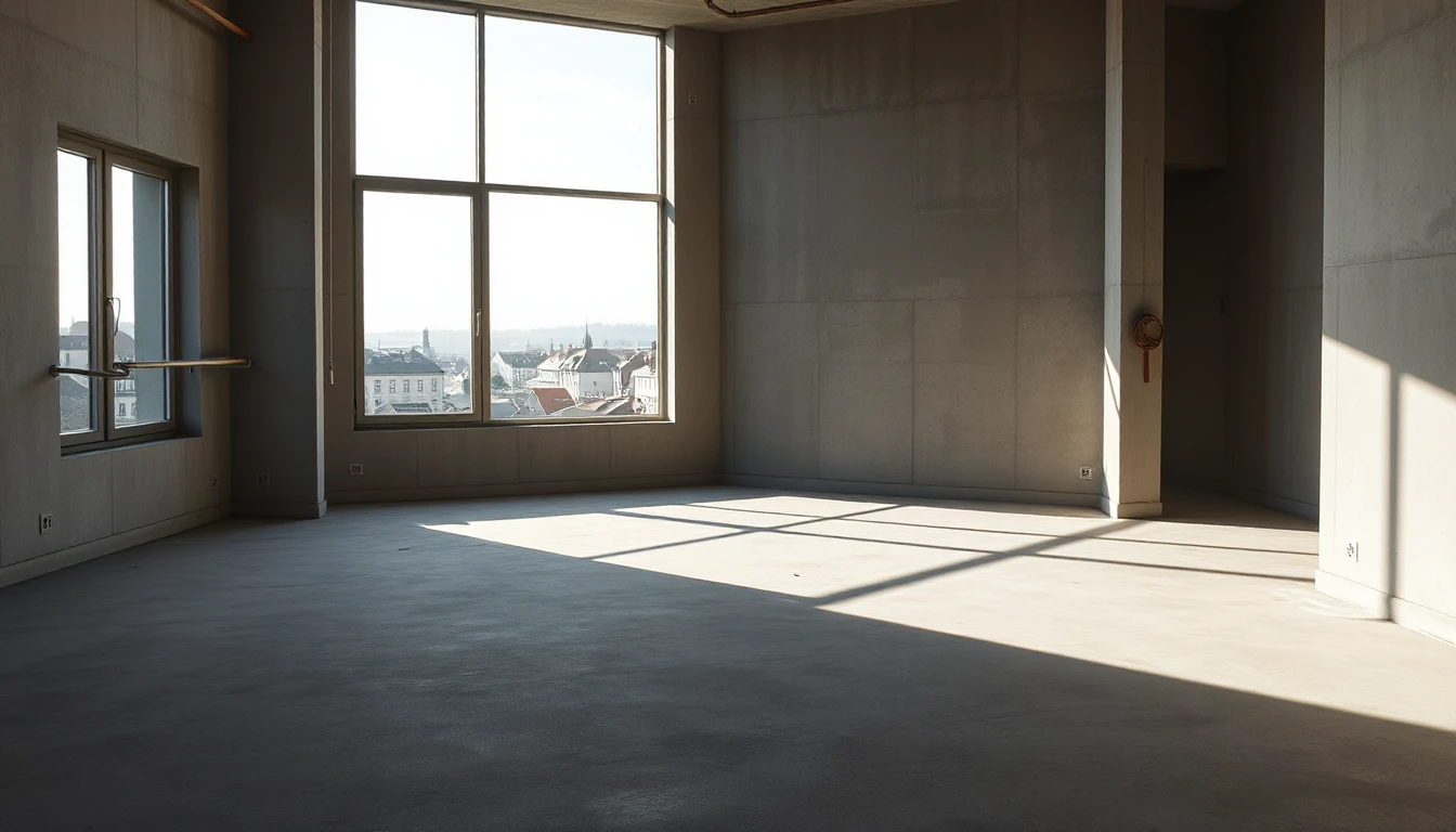 KI-Symbolbild: Eine leere Wohnung im Rohbau mit Betonboden und einem großen Fenster mit Blick über die Dächer einer Stadt.