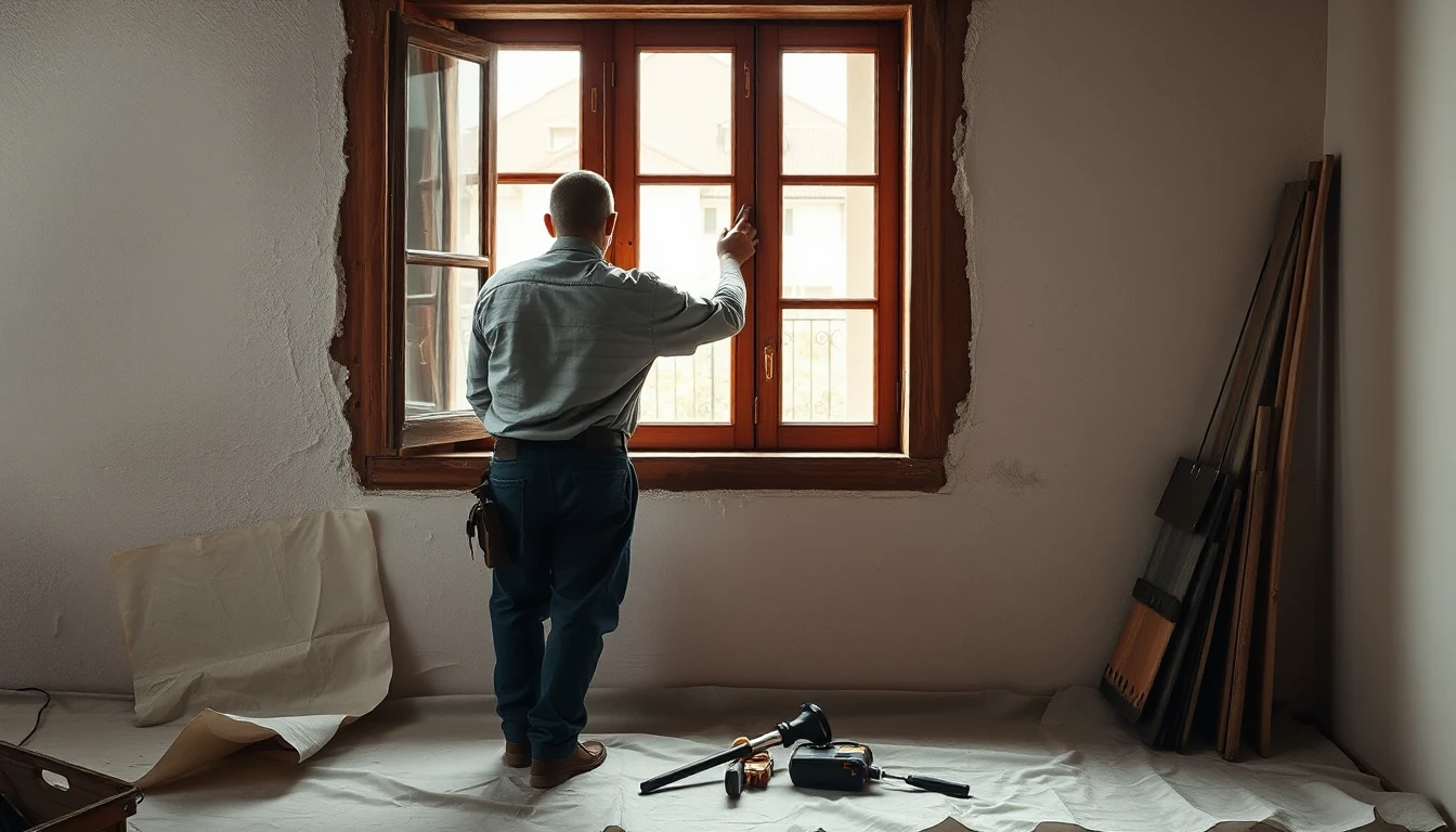 KI-Symbolbild: Ein Handwerker von hinten an einem alten Holzfenster, davor Werkzeug auf einer Abdeckplane.