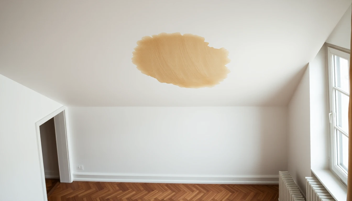 KI-Symbolbild: Ein heller, bräunlicher Wasserfleck an der Decke eines leeren Zimmers mit Fischgrätparkett, Heizkörpern und hohem Fenster.