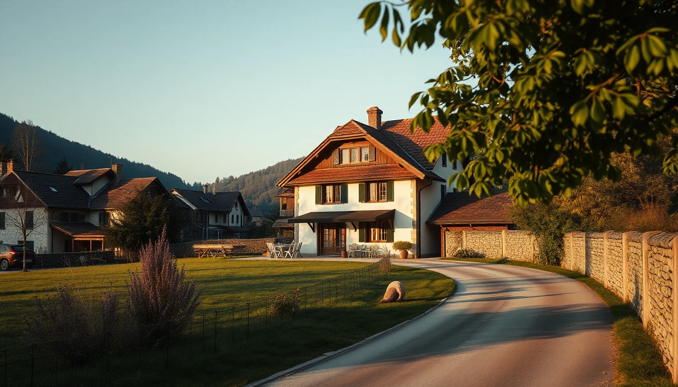 KI-Symbolbild: Ein Haus am Rand eines Dorfes mit großem Garten, gesehen von einem Weg im warmen Abendlicht.