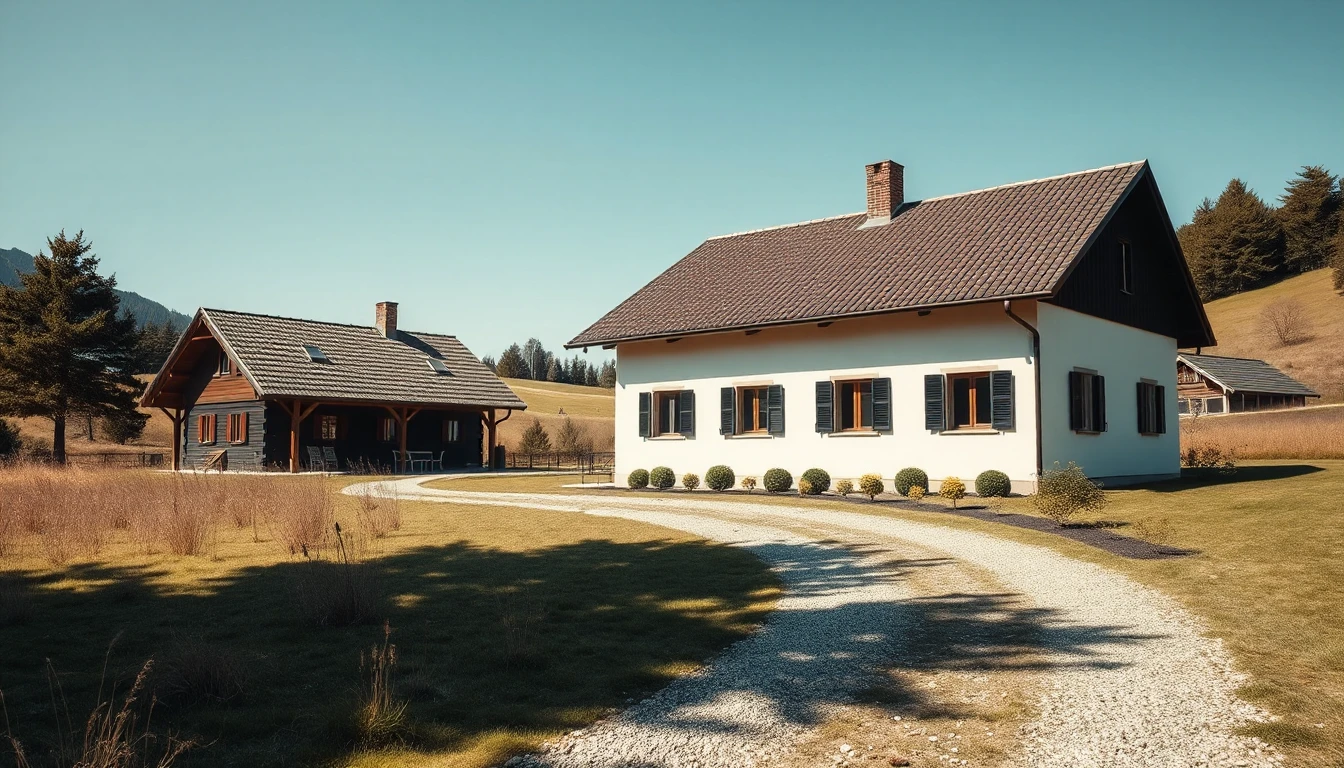 KI-Symbolbild: Ein Haupthaus und ein kleineres Nebengebäude auf einem ländlichen Grundstück, verbunden durch einen Kiesweg.