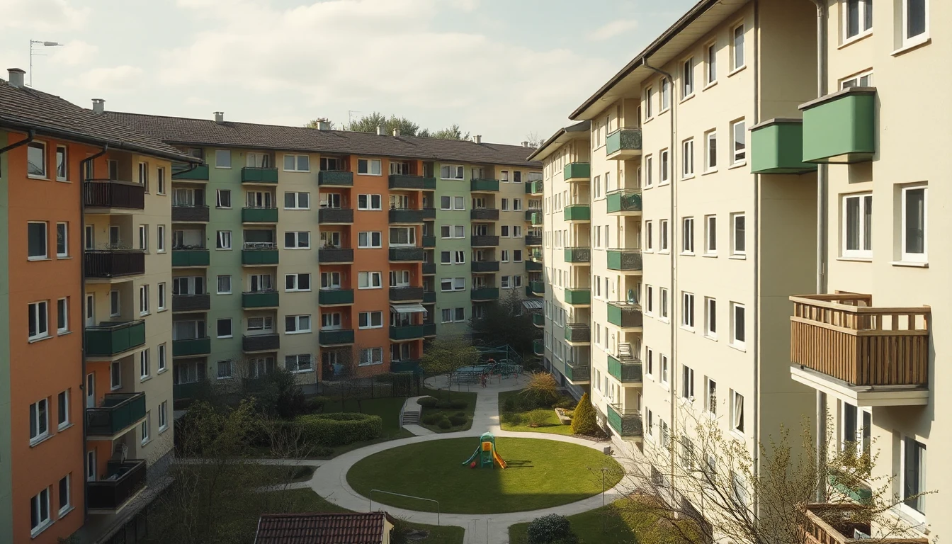 KI-Symbolbild: Eine Wohnanlage aus den 1990er-Jahren mit farbigen Balkonen um einen grünen Innenhof mit kleinem Spielplatz.
