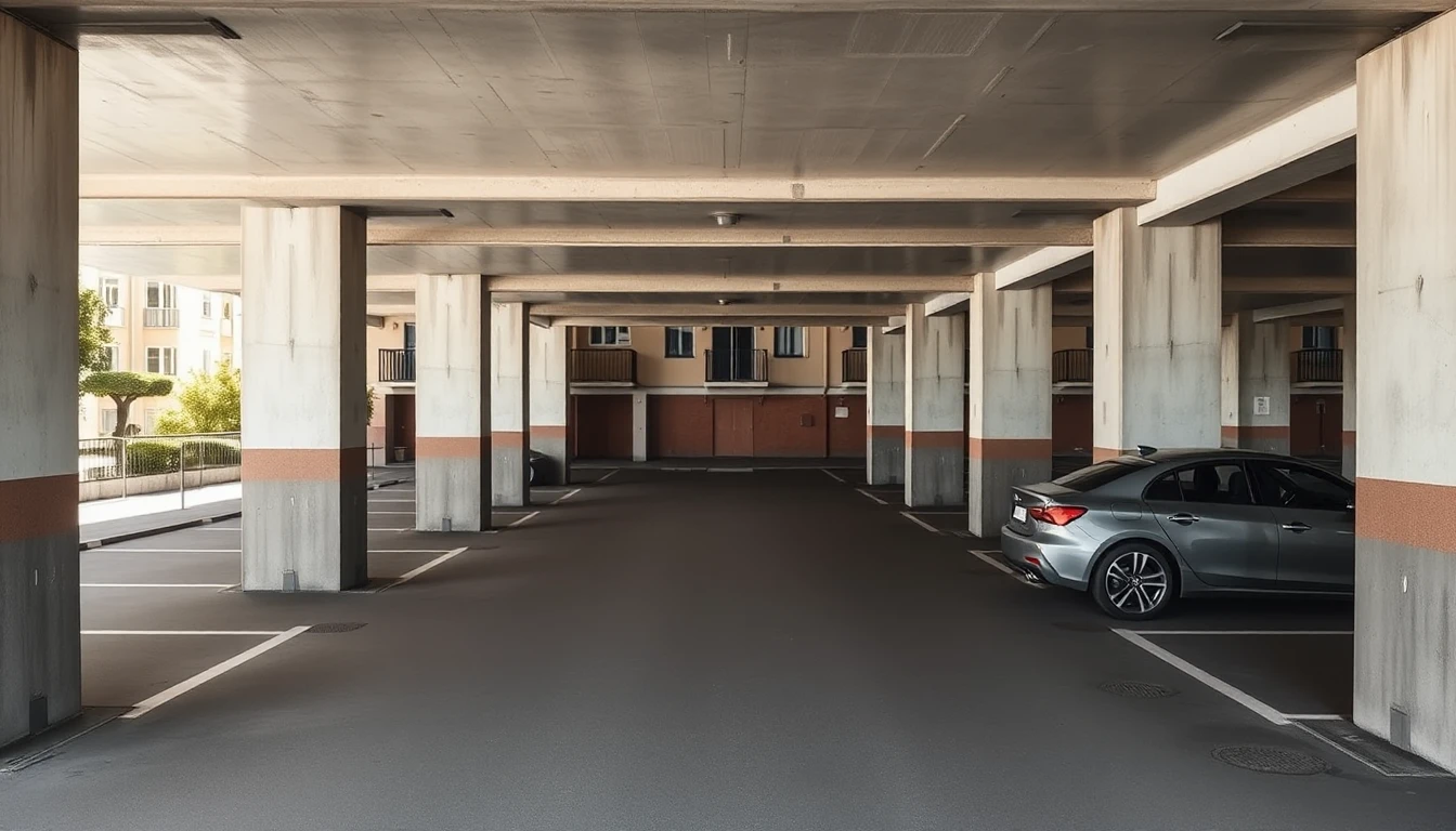 KI-Symbolbild: Eine Parkebene unter einem Wohnhaus mit leeren Stellplätzen zwischen Betonsäulen und einem geparkten Auto.