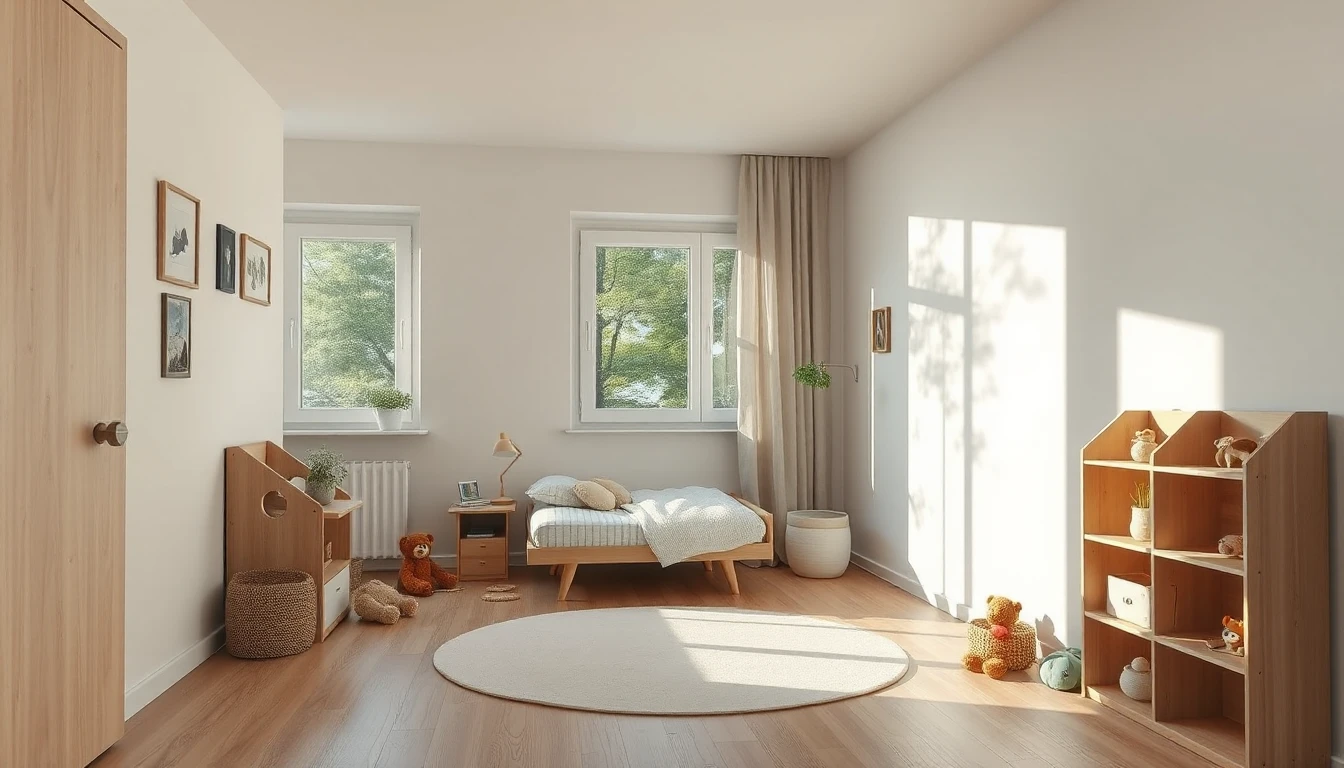 KI-Symbolbild: Ein helles Kinderzimmer mit kleinem Bett, hölzernem Spielzeugregal und Blick auf Bäume.