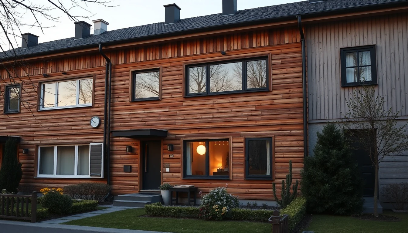 KI-Symbolbild: Ein modernes Reihenhaus mit Holzfassade und kleinem Vorgarten im Abendlicht.