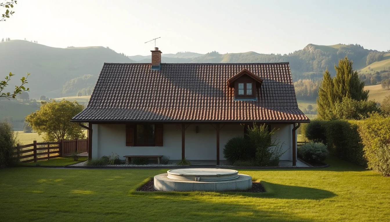 KI-Symbolbild: Ein Einfamilienhaus im ländlichen Hügelland mit Rasen und dem runden Deckel einer Kleinkläranlage im Garten.