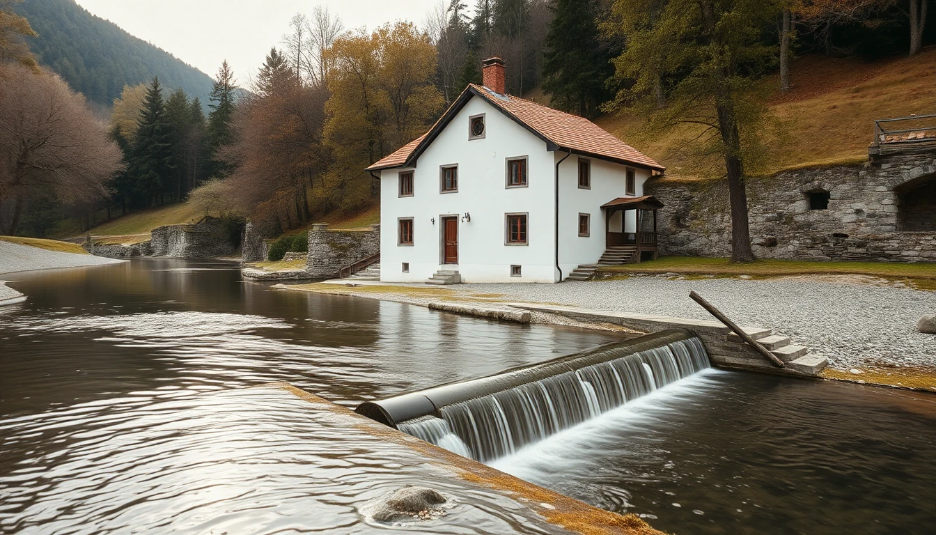 KI-Symbolbild: Ein weiß verputztes Mühlenhaus an einem klaren Bach mit kleinem Holzwehr im Morgenlicht.