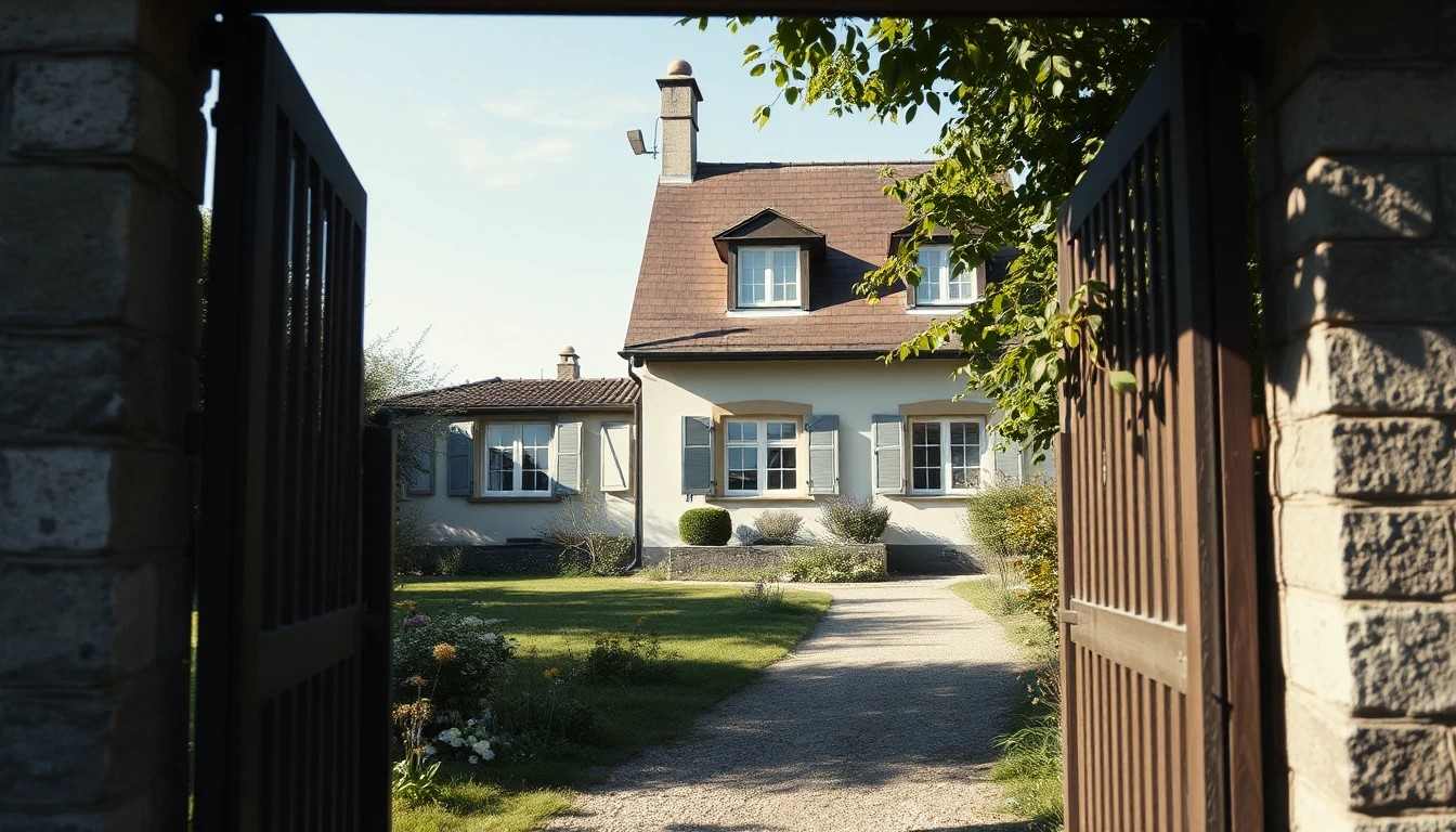 KI-Symbolbild: Ein älteres Haus mit großem Garten, gesehen durch ein offenes Gartentor an einem hellen Tag.