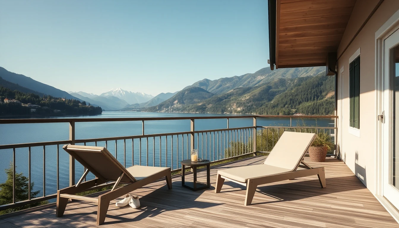 KI-Symbolbild: Eine Ferienwohnungsterrasse mit zwei Sonnenliegen über einem See mit Bergen im Hintergrund.