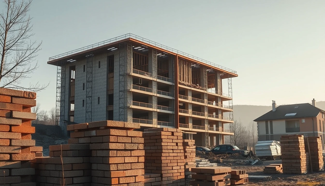 KI-Symbolbild: Die Baustelle eines neuen Wohnhauses im Rohbau mit Ziegelstapeln und Baumaterial im Vordergrund.