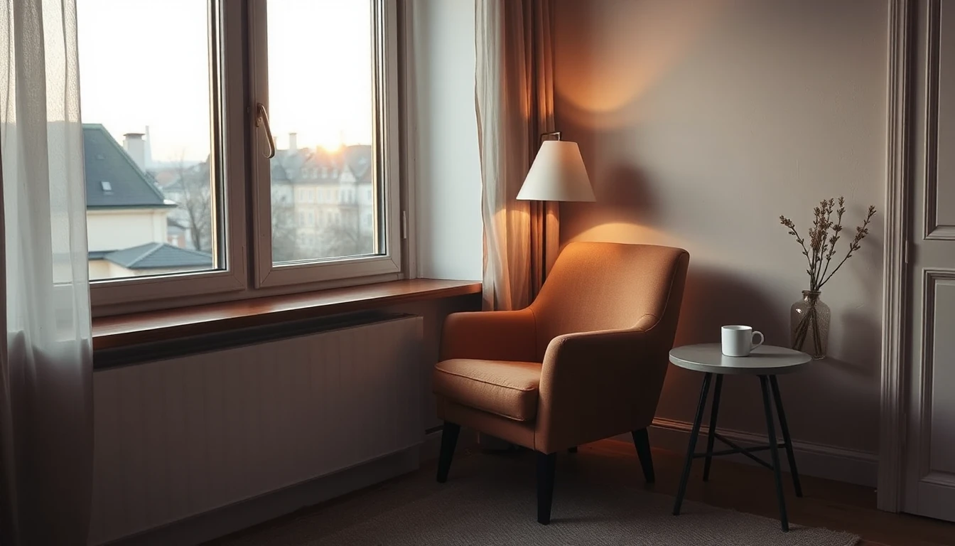 KI-Symbolbild: Ein einzelner Sessel mit Stehlampe und Beistelltisch mit Tasse vor einem Fenster mit Blick über Dächer im Abendlicht.