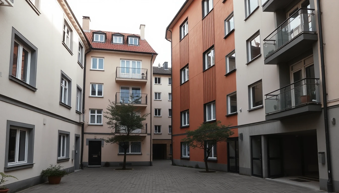 KI-Symbolbild: Ein ruhiger gepflasterter Innenhof zwischen einem älteren und einem modernen Wohnhaus mit kleinen Bäumen bei weichem Tageslicht.