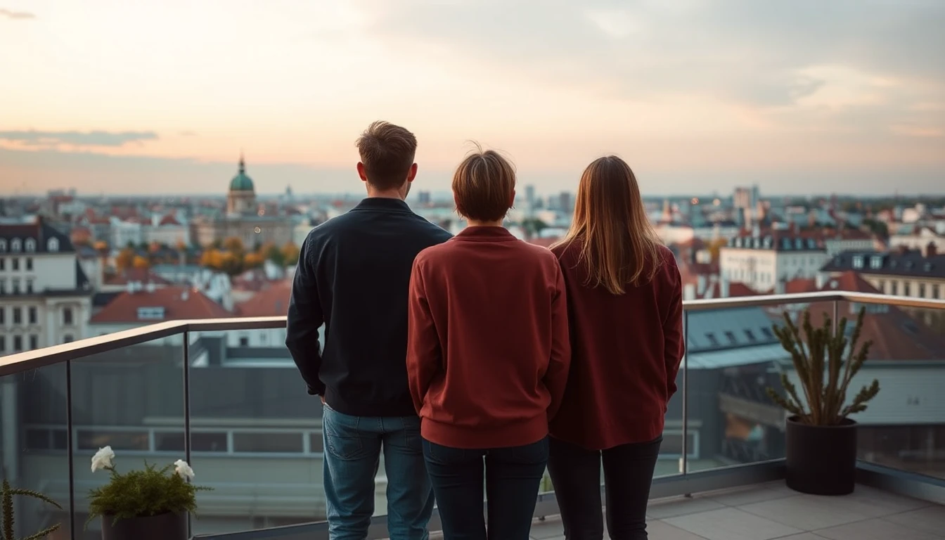 KI-Symbolbild: Drei Personen stehen von hinten gesehen auf einer Dachterrasse und blicken im Abendlicht über die Dächer von Wien.