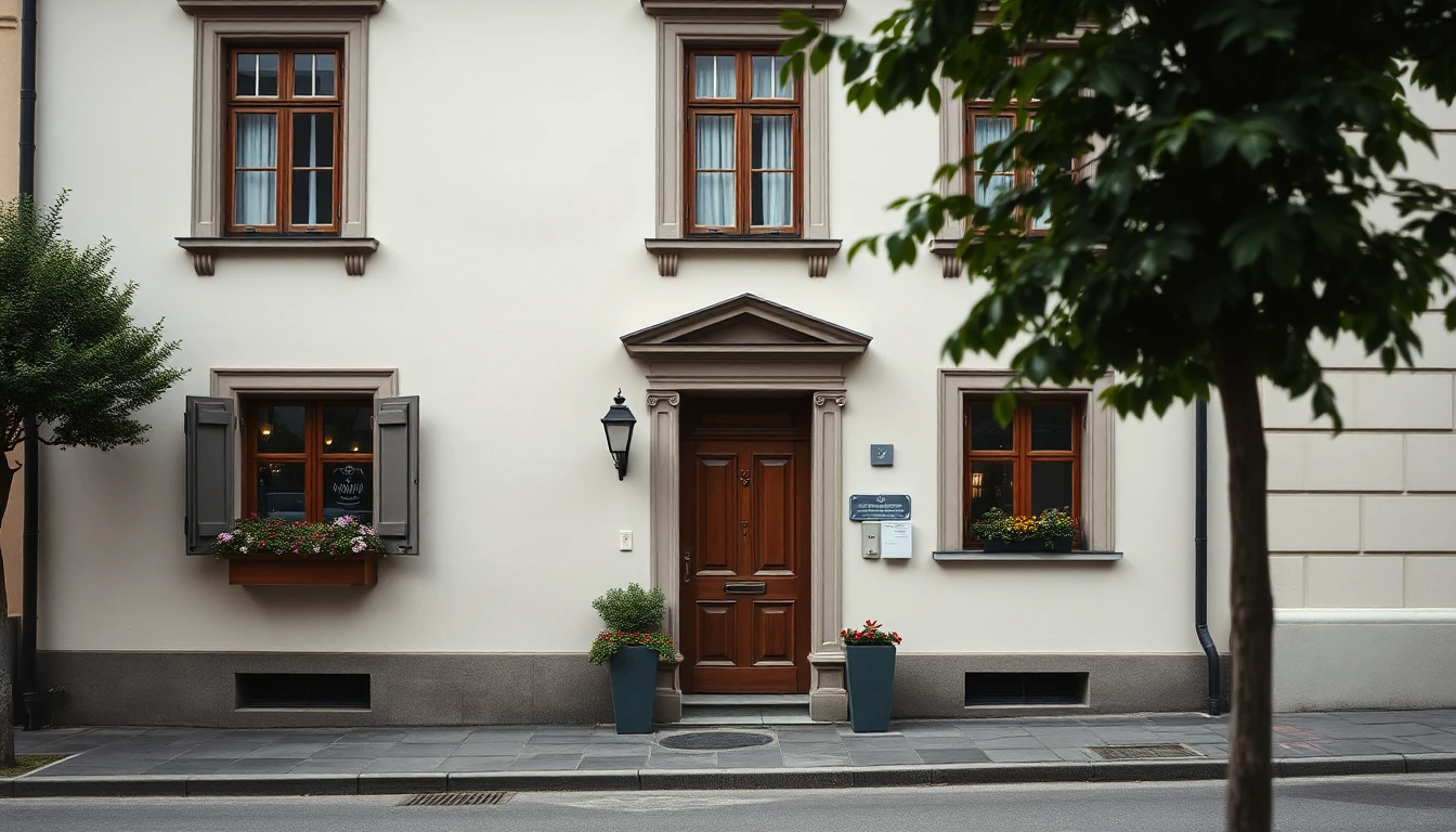 KI-Symbolbild: Die Fassade eines hellen Stadthauses mit geschlossener Holztür, Blumenkästen und einem Baum am Gehsteig bei bedecktem Licht.